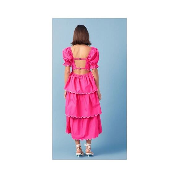 NWT English Factory Viral Sold Out Scallop Tiered Midi Dress Pink L - Picture 4 of 5